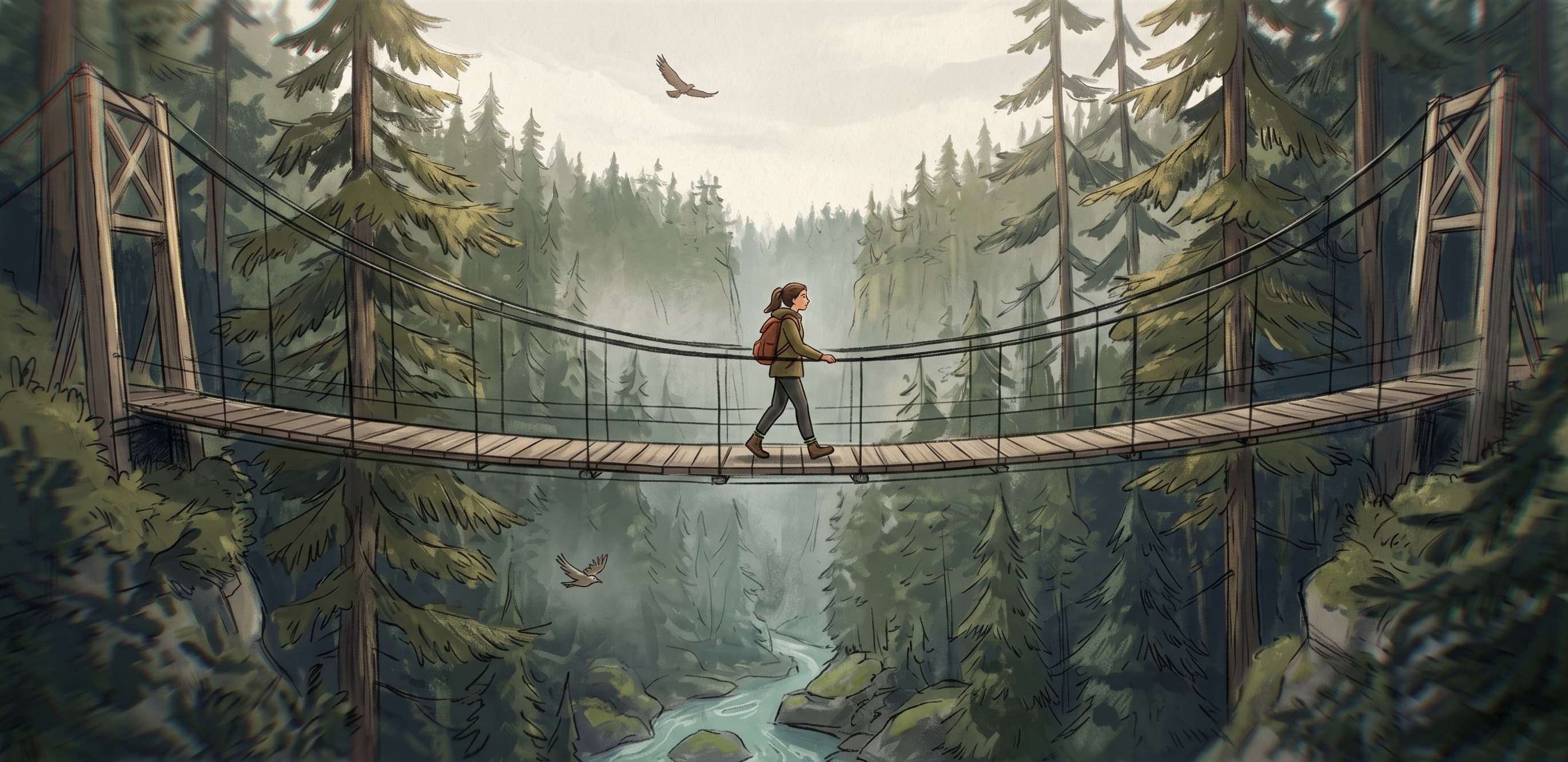 A student crossing a rope bridge over a forested valley