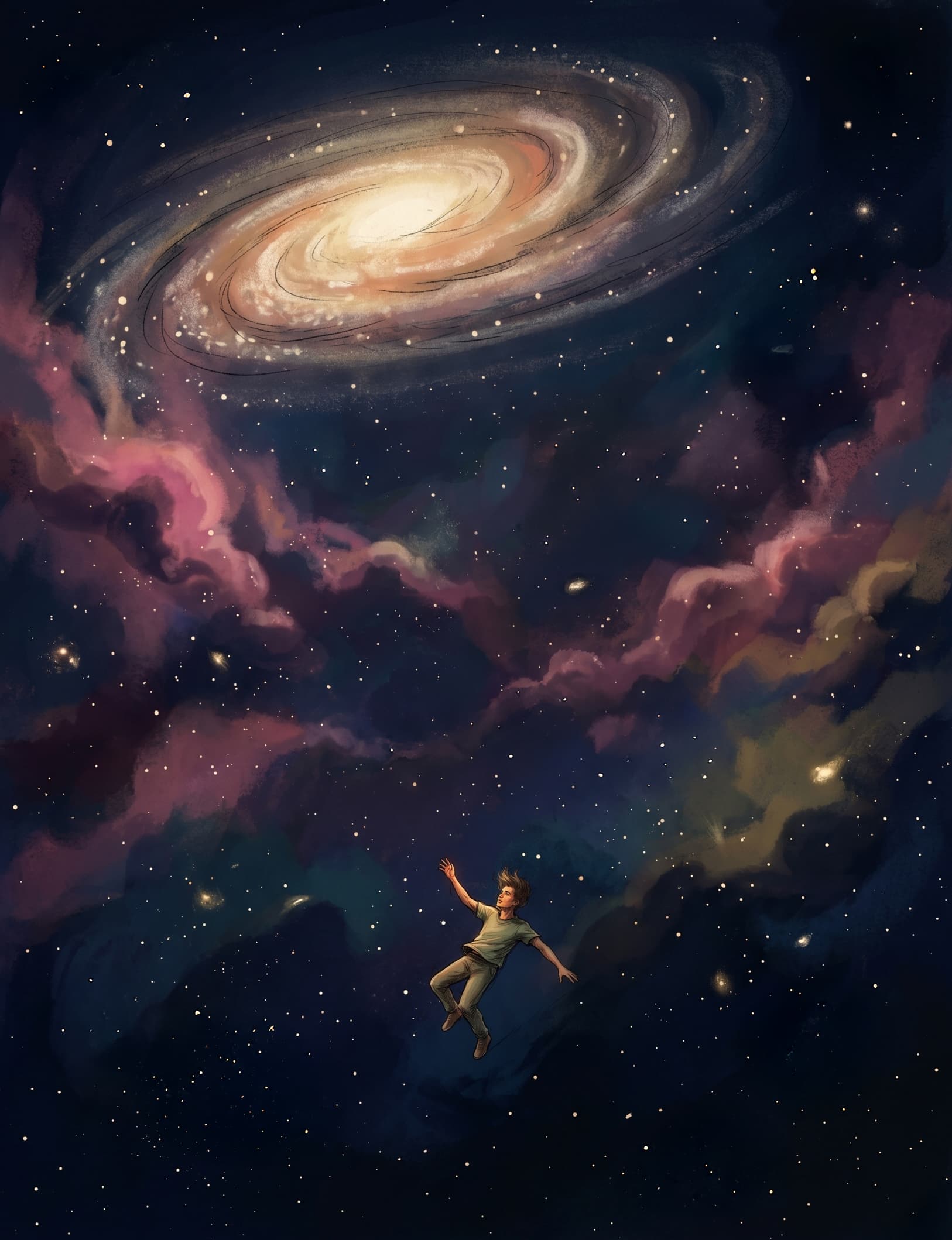 A young student reaching toward a spiral galaxy in a starlit sky