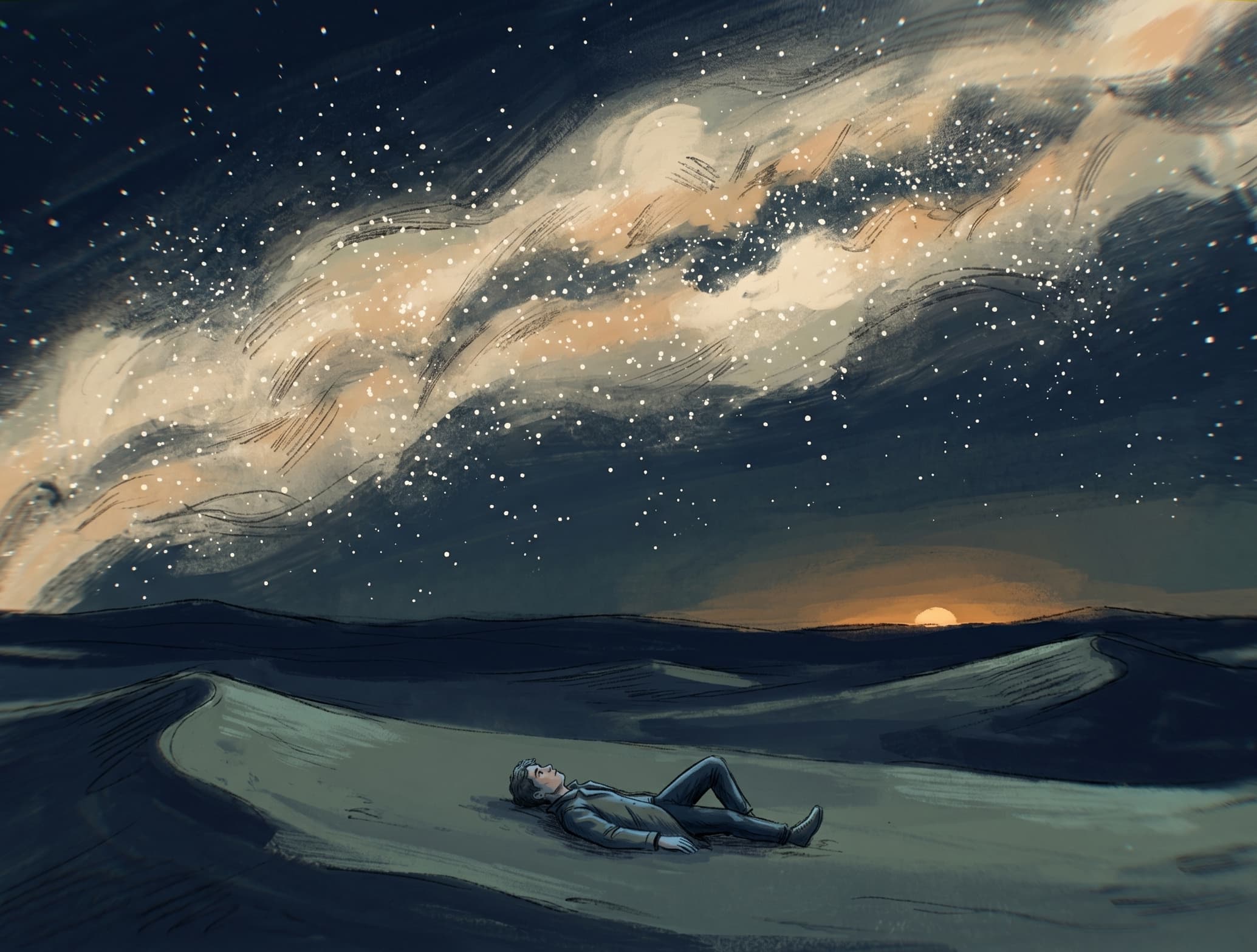 A person resting on a hillside beneath the night sky and Milky Way at dusk