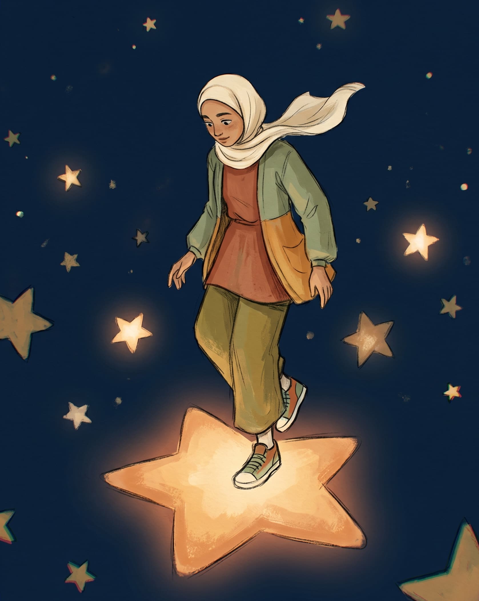 A student stepping onto a glowing star in a sky full of stars